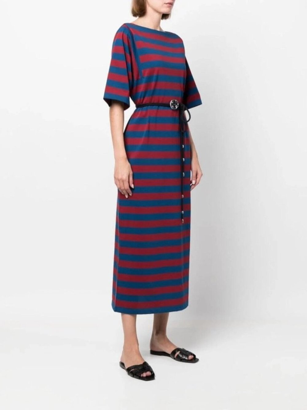 TORY BURCH Jersey Stripe Dress With Logo Belt Cotton Sz Small navy/red NWT